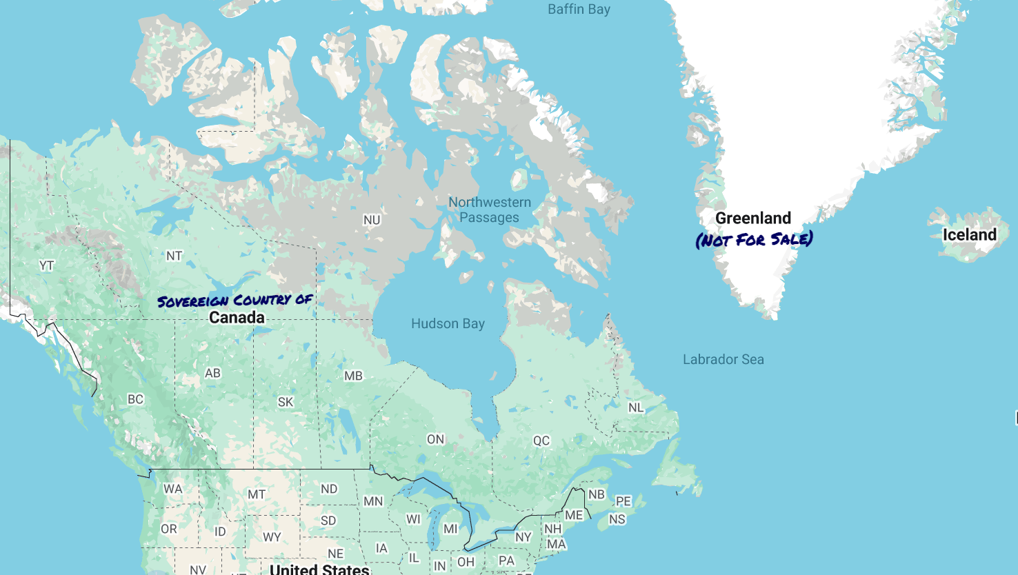 Map showing Greenland (Not For Sale) label